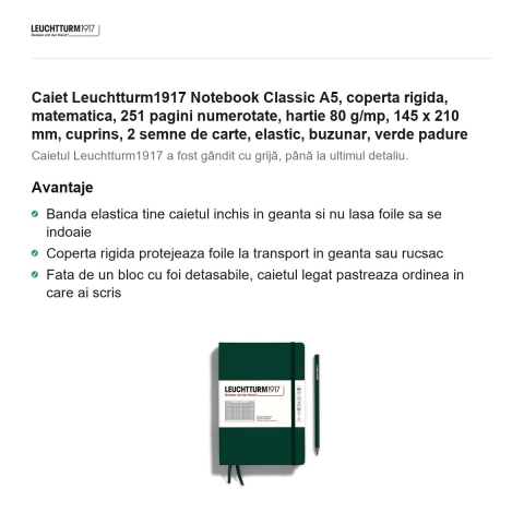 Caiet Leuchtturm1917 Notebook Classic A5, coperta rigida, matematica, 251 pagini numerotate, hartie 80 g/mp, 145 x 210 mm, cuprins, 2 semne de carte, elastic, buzunar, verde padure [1]