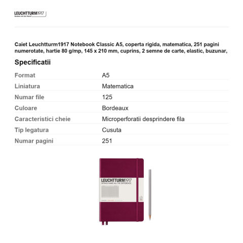 Caiet Leuchtturm1917 Notebook Classic A5, coperta rigida, matematica, 251 pagini numerotate, hartie 80 g/mp, 145 x 210 mm, cuprins, 2 semne de carte, elastic, buzunar, bordeaux [2]