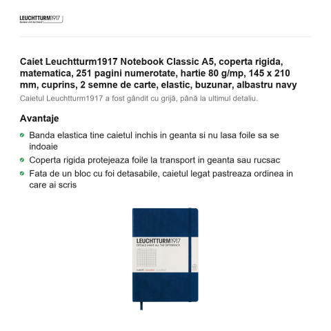 Caiet Leuchtturm1917 Notebook Classic A5, coperta rigida, matematica, 251 pagini numerotate, hartie 80 g/mp, 145 x 210 mm, cuprins, 2 semne de carte, elastic, buzunar, albastru navy [1]