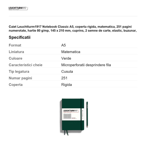 Caiet Leuchtturm1917 Notebook Classic A5, coperta rigida, matematica, 251 pagini numerotate, hartie 80 g/mp, 145 x 210 mm, cuprins, 2 semne de carte, elastic, buzunar, verde padure [2]