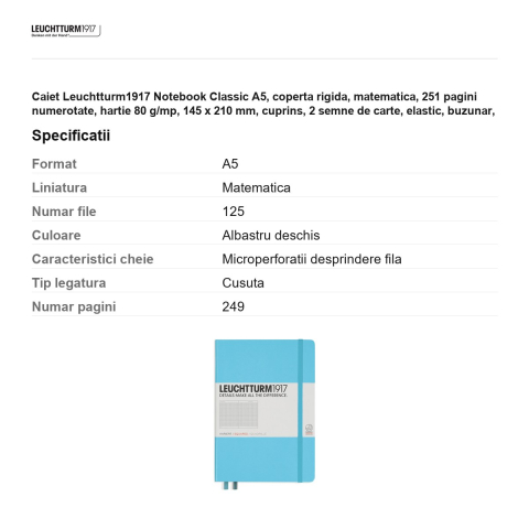 Caiet Leuchtturm1917 Notebook Classic A5, coperta rigida, matematica, 251 pagini numerotate, hartie 80 g/mp, 145 x 210 mm, cuprins, 2 semne de carte, elastic, buzunar, bleu [2]