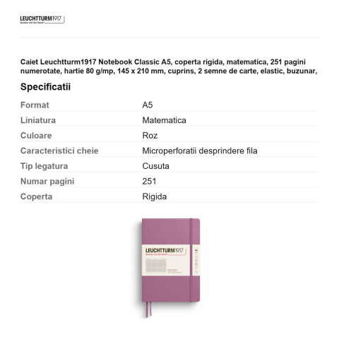 Caiet Leuchtturm1917 Notebook Classic A5, coperta rigida, matematica, 251 pagini numerotate, hartie 80 g/mp, 145 x 210 mm, cuprins, 2 semne de carte, elastic, buzunar, dusty rose [2]