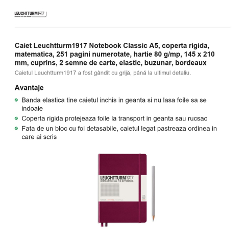 Caiet Leuchtturm1917 Notebook Classic A5, coperta rigida, matematica, 251 pagini numerotate, hartie 80 g/mp, 145 x 210 mm, cuprins, 2 semne de carte, elastic, buzunar, bordeaux [1]