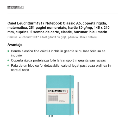 Caiet Leuchtturm1917 Notebook Classic A5, coperta rigida, matematica, 251 pagini numerotate, hartie 80 g/mp, 145 x 210 mm, cuprins, 2 semne de carte, elastic, buzunar, bleu marin [1]