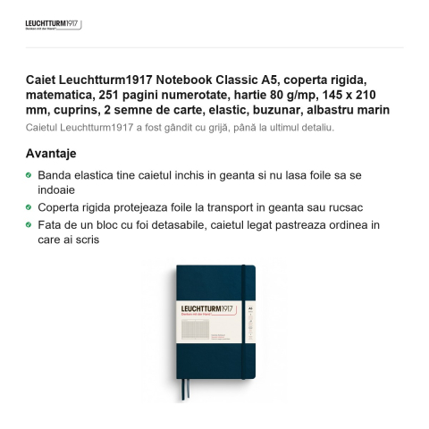 Caiet Leuchtturm1917 Notebook Classic A5, coperta rigida, matematica, 251 pagini numerotate, hartie 80 g/mp, 145 x 210 mm, cuprins, 2 semne de carte, elastic, buzunar, albastru marin [1]