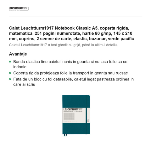 Caiet Leuchtturm1917 Notebook Classic A5, coperta rigida, matematica, 251 pagini numerotate, hartie 80 g/mp, 145 x 210 mm, cuprins, 2 semne de carte, elastic, buzunar, verde pacific [1]
