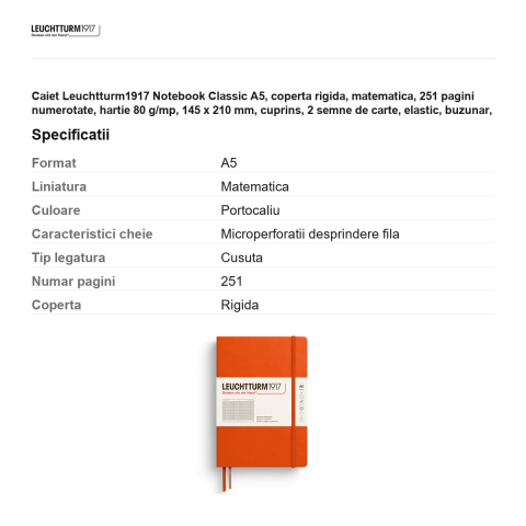 Caiet Leuchtturm1917 Notebook Classic A5, coperta rigida, matematica, 251 pagini numerotate, hartie 80 g/mp, 145 x 210 mm, cuprins, 2 semne de carte, elastic, buzunar, portocaliu dovleac [2]
