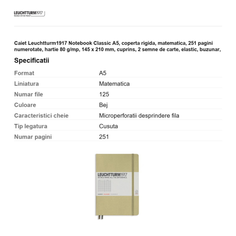 Caiet Leuchtturm1917 Notebook Classic A5, coperta rigida, matematica, 251 pagini numerotate, hartie 80 g/mp, 145 x 210 mm, cuprins, 2 semne de carte, elastic, buzunar, nisipiu [2]