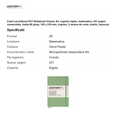 Caiet Leuchtturm1917 Notebook Classic A5, coperta rigida, matematica, 251 pagini numerotate, hartie 80 g/mp, 145 x 210 mm, cuprins, 2 semne de carte, elastic, buzunar, vernil pastel [2]