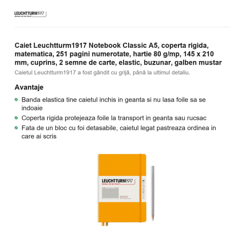 Caiet Leuchtturm1917 Notebook Classic A5, coperta rigida, matematica, 251 pagini numerotate, hartie 80 g/mp, 145 x 210 mm, cuprins, 2 semne de carte, elastic, buzunar, galben mustar [1]