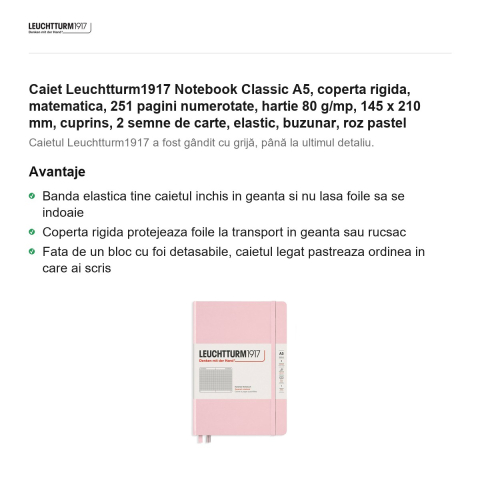 Caiet Leuchtturm1917 Notebook Classic A5, coperta rigida, matematica, 251 pagini numerotate, hartie 80 g/mp, 145 x 210 mm, cuprins, 2 semne de carte, elastic, buzunar, roz pastel [1]