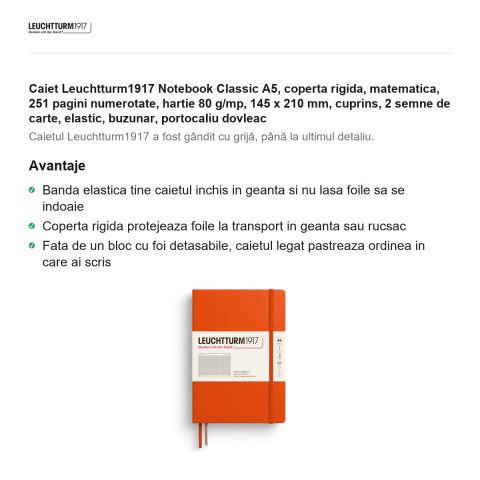 Caiet Leuchtturm1917 Notebook Classic A5, coperta rigida, matematica, 251 pagini numerotate, hartie 80 g/mp, 145 x 210 mm, cuprins, 2 semne de carte, elastic, buzunar, portocaliu dovleac [1]