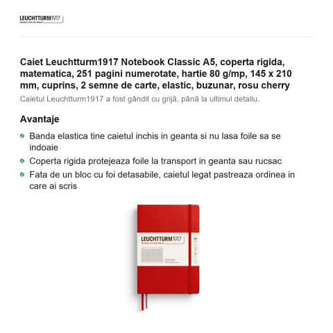Caiet Leuchtturm1917 Notebook Classic A5, coperta rigida, matematica, 251 pagini numerotate, hartie 80 g/mp, 145 x 210 mm, cuprins, 2 semne de carte, elastic, buzunar, rosu cherry [1]