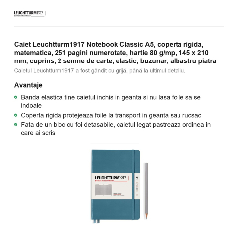 Caiet Leuchtturm1917 Notebook Classic A5, coperta rigida, matematica, 251 pagini numerotate, hartie 80 g/mp, 145 x 210 mm, cuprins, 2 semne de carte, elastic, buzunar, albastru piatra [1]