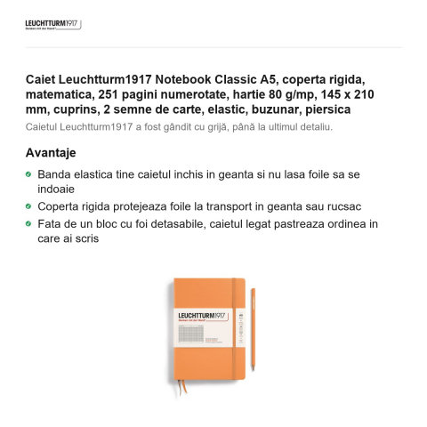 Caiet Leuchtturm1917 Notebook Classic A5, coperta rigida, matematica, 251 pagini numerotate, hartie 80 g/mp, 145 x 210 mm, cuprins, 2 semne de carte, elastic, buzunar, piersica [1]