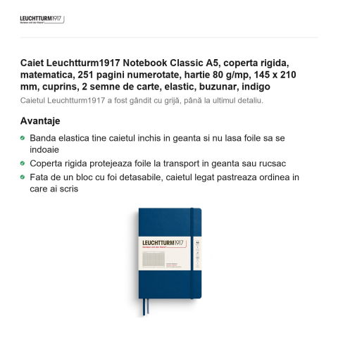 Caiet Leuchtturm1917 Notebook Classic A5, coperta rigida, matematica, 251 pagini numerotate, hartie 80 g/mp, 145 x 210 mm, cuprins, 2 semne de carte, elastic, buzunar, indigo [1]