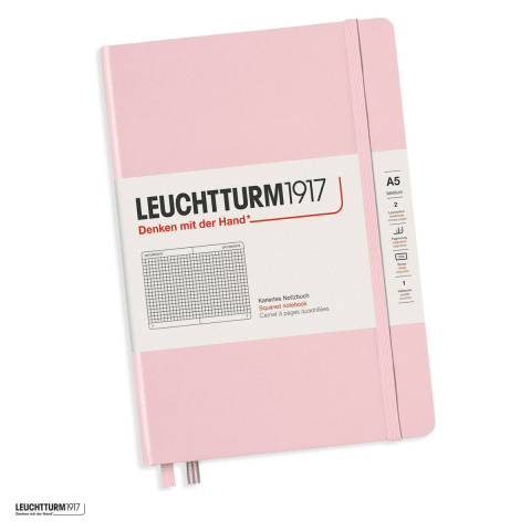 Birotica papetarie - Caiet Leuchtturm1917 Notebook Classic A5, coperta rigida, matematica, 251 pagini numerotate, hartie 80 g/mp, 145 x 210 mm, cuprins, 2 semne de carte, elastic, buzunar, roz pastel