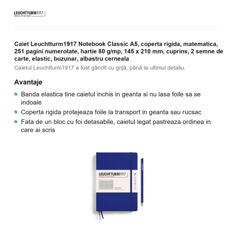 Caiet Leuchtturm1917 Notebook Classic A5, coperta rigida, matematica, 251 pagini numerotate, hartie 80 g/mp, 145 x 210 mm, cuprins, 2 semne de carte, elastic, buzunar, albastru cerneala [1]