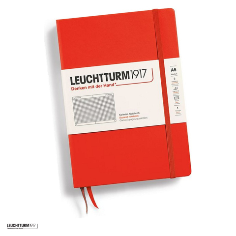 Birotica papetarie - Caiet Leuchtturm1917 Notebook Classic A5, coperta rigida, matematica, 251 pagini numerotate, hartie 80 g/mp, 145 x 210 mm, cuprins, 2 semne de carte, elastic, buzunar, portocaliu inchis lobster