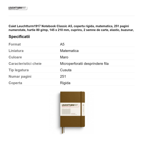 Caiet Leuchtturm1917 Notebook Classic A5, coperta rigida, matematica, 251 pagini numerotate, hartie 80 g/mp, 145 x 210 mm, cuprins, 2 semne de carte, elastic, buzunar, maro scortisoara [2]