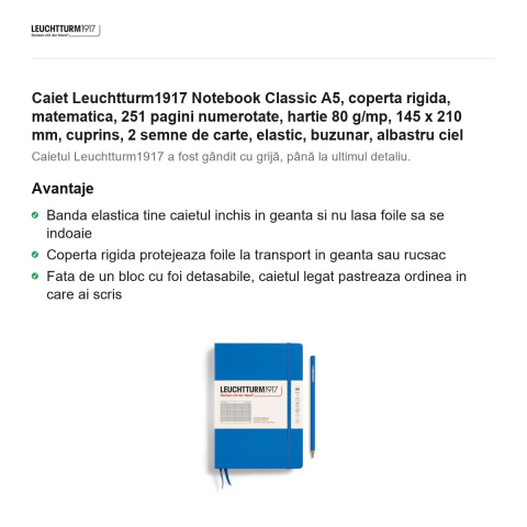 Caiet Leuchtturm1917 Notebook Classic A5, coperta rigida, matematica, 251 pagini numerotate, hartie 80 g/mp, 145 x 210 mm, cuprins, 2 semne de carte, elastic, buzunar, albastru ciel [1]