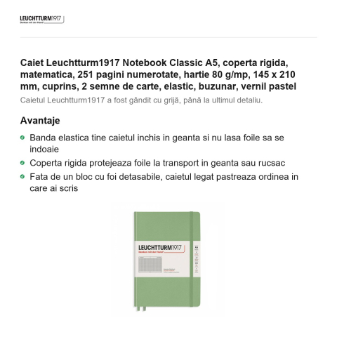 Caiet Leuchtturm1917 Notebook Classic A5, coperta rigida, matematica, 251 pagini numerotate, hartie 80 g/mp, 145 x 210 mm, cuprins, 2 semne de carte, elastic, buzunar, vernil pastel [1]
