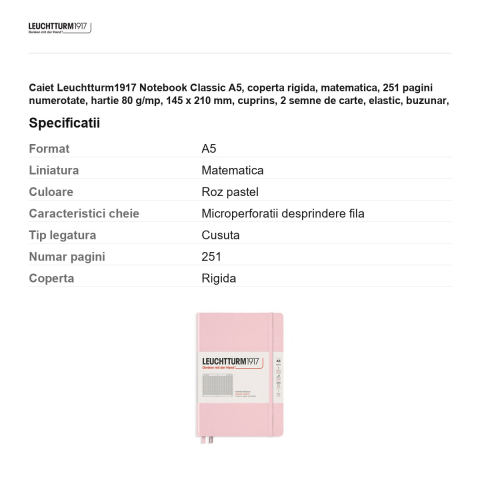 Caiet Leuchtturm1917 Notebook Classic A5, coperta rigida, matematica, 251 pagini numerotate, hartie 80 g/mp, 145 x 210 mm, cuprins, 2 semne de carte, elastic, buzunar, roz pastel [2]