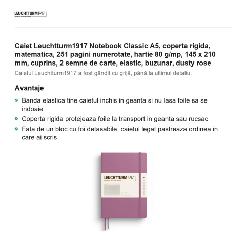 Caiet Leuchtturm1917 Notebook Classic A5, coperta rigida, matematica, 251 pagini numerotate, hartie 80 g/mp, 145 x 210 mm, cuprins, 2 semne de carte, elastic, buzunar, dusty rose [1]