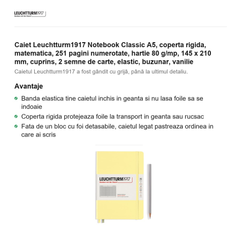 Caiet Leuchtturm1917 Notebook Classic A5, coperta rigida, matematica, 251 pagini numerotate, hartie 80 g/mp, 145 x 210 mm, cuprins, 2 semne de carte, elastic, buzunar, vanilie [1]