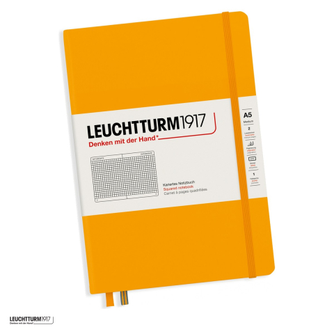 Birotica papetarie - Caiet Leuchtturm1917 Notebook Classic A5, coperta rigida, matematica, 251 pagini numerotate, hartie 80 g/mp, 145 x 210 mm, cuprins, 2 semne de carte, elastic, buzunar, galben mustar