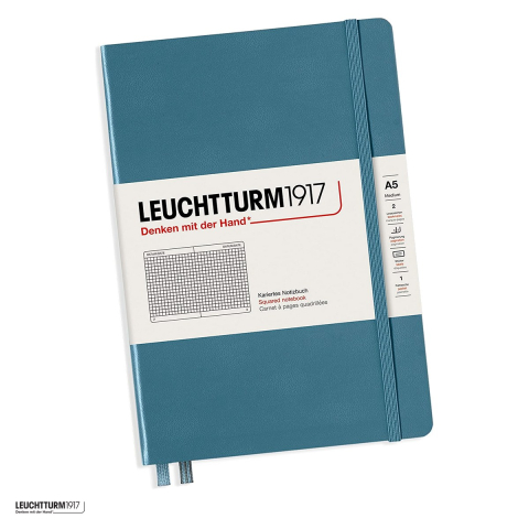 Birotica papetarie - Caiet Leuchtturm1917 Notebook Classic A5, coperta rigida, matematica, 251 pagini numerotate, hartie 80 g/mp, 145 x 210 mm, cuprins, 2 semne de carte, elastic, buzunar, albastru piatra