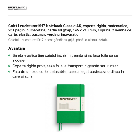 Caiet Leuchtturm1917 Notebook Classic A5, coperta rigida, matematica, 251 pagini numerotate, hartie 80 g/mp, 145 x 210 mm, cuprins, 2 semne de carte, elastic, buzunar, verde primavaratic [1]