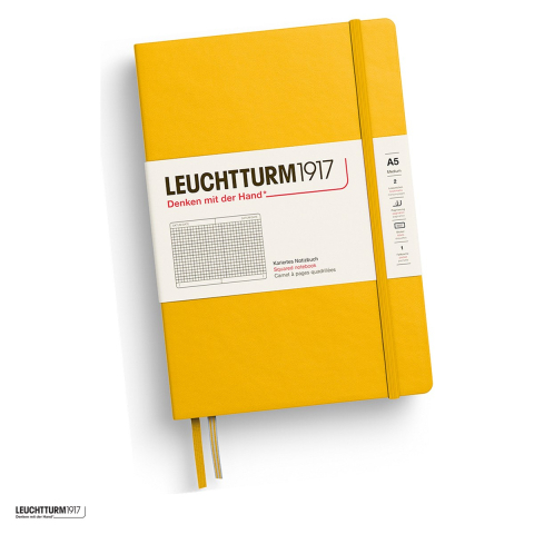 Birotica papetarie - Caiet Leuchtturm1917 Notebook Classic A5, coperta rigida, matematica, 251 pagini numerotate, hartie 80 g/mp, 145 x 210 mm, cuprins, 2 semne de carte, elastic, buzunar, galben floarea soarelui