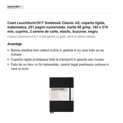 Caiet Leuchtturm1917 Notebook Classic A5, coperta rigida, matematica, 251 pagini numerotate, hartie 80 g/mp, 145 x 210 mm, cuprins, 2 semne de carte, elastic, buzunar, negru [1]
