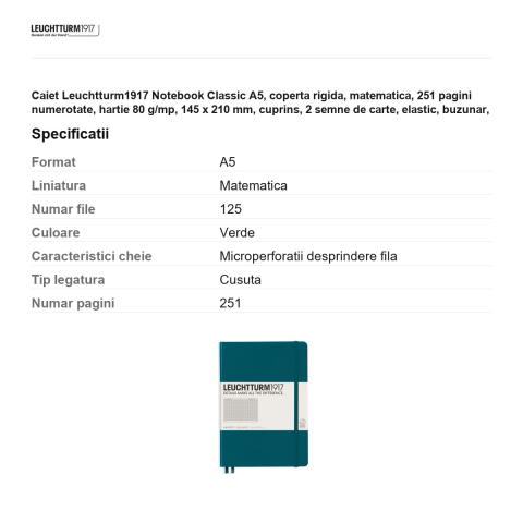Caiet Leuchtturm1917 Notebook Classic A5, coperta rigida, matematica, 251 pagini numerotate, hartie 80 g/mp, 145 x 210 mm, cuprins, 2 semne de carte, elastic, buzunar, verde pacific [2]