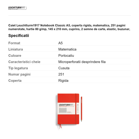 Caiet Leuchtturm1917 Notebook Classic A5, coperta rigida, matematica, 251 pagini numerotate, hartie 80 g/mp, 145 x 210 mm, cuprins, 2 semne de carte, elastic, buzunar, portocaliu inchis lobster [2]