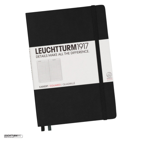Birotica papetarie - Caiet Leuchtturm1917 Notebook Classic A5, coperta rigida, matematica, 251 pagini numerotate, hartie 80 g/mp, 145 x 210 mm, cuprins, 2 semne de carte, elastic, buzunar, negru