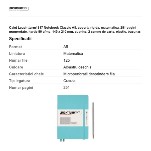 Caiet Leuchtturm1917 Notebook Classic A5, coperta rigida, matematica, 251 pagini numerotate, hartie 80 g/mp, 145 x 210 mm, cuprins, 2 semne de carte, elastic, buzunar, bleu marin [2]