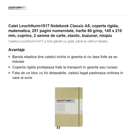 Caiet Leuchtturm1917 Notebook Classic A5, coperta rigida, matematica, 251 pagini numerotate, hartie 80 g/mp, 145 x 210 mm, cuprins, 2 semne de carte, elastic, buzunar, nisipiu [1]