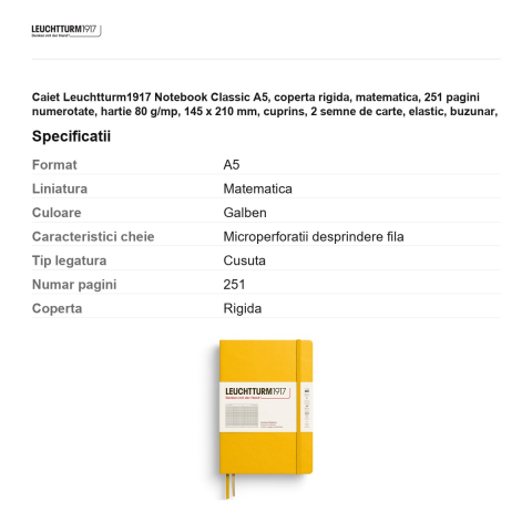 Caiet Leuchtturm1917 Notebook Classic A5, coperta rigida, matematica, 251 pagini numerotate, hartie 80 g/mp, 145 x 210 mm, cuprins, 2 semne de carte, elastic, buzunar, galben floarea soarelui [2]