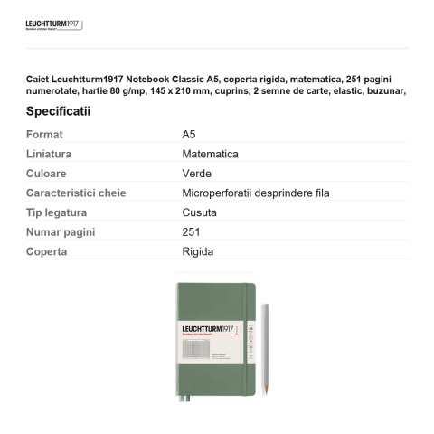 Caiet Leuchtturm1917 Notebook Classic A5, coperta rigida, matematica, 251 pagini numerotate, hartie 80 g/mp, 145 x 210 mm, cuprins, 2 semne de carte, elastic, buzunar, olive [2]