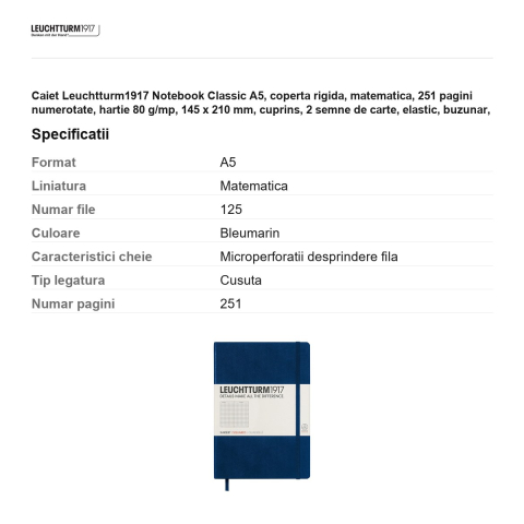 Caiet Leuchtturm1917 Notebook Classic A5, coperta rigida, matematica, 251 pagini numerotate, hartie 80 g/mp, 145 x 210 mm, cuprins, 2 semne de carte, elastic, buzunar, albastru navy [2]