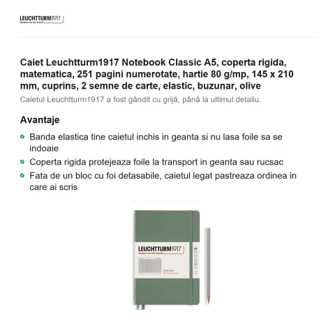 Caiet Leuchtturm1917 Notebook Classic A5, coperta rigida, matematica, 251 pagini numerotate, hartie 80 g/mp, 145 x 210 mm, cuprins, 2 semne de carte, elastic, buzunar, olive [1]
