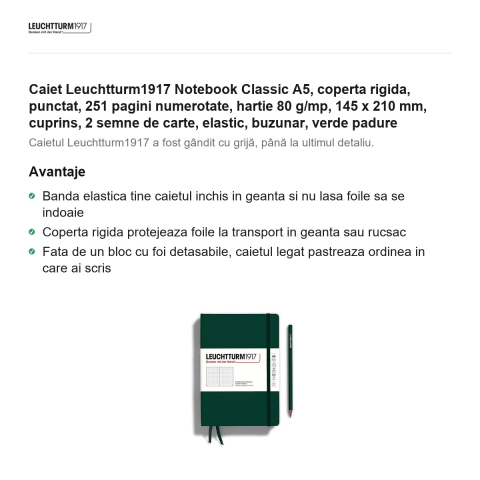 Caiet Leuchtturm1917 Notebook Classic A5, coperta rigida, punctat, 251 pagini numerotate, hartie 80 g/mp, 145 x 210 mm, cuprins, 2 semne de carte, elastic, buzunar, verde padure [1]
