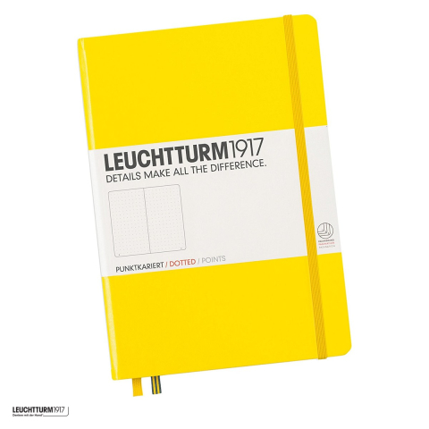 Birotica papetarie - Caiet Leuchtturm1917 Notebook Classic A5, coperta rigida, punctat, 251 pagini numerotate, hartie 80 g/mp, 145 x 210 mm, cuprins, 2 semne de carte, elastic, buzunar, galben
