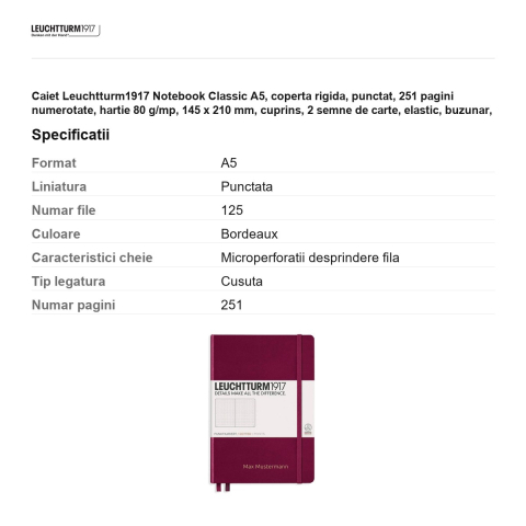 Caiet Leuchtturm1917 Notebook Classic A5, coperta rigida, punctat, 251 pagini numerotate, hartie 80 g/mp, 145 x 210 mm, cuprins, 2 semne de carte, elastic, buzunar, bordeaux [2]