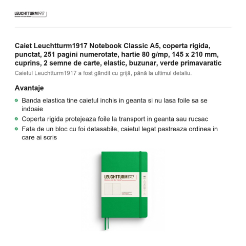 Caiet Leuchtturm1917 Notebook Classic A5, coperta rigida, punctat, 251 pagini numerotate, hartie 80 g/mp, 145 x 210 mm, cuprins, 2 semne de carte, elastic, buzunar, verde primavaratic [1]
