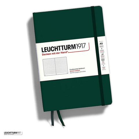 Birotica papetarie - Caiet Leuchtturm1917 Notebook Classic A5, coperta rigida, punctat, 251 pagini numerotate, hartie 80 g/mp, 145 x 210 mm, cuprins, 2 semne de carte, elastic, buzunar, verde padure
