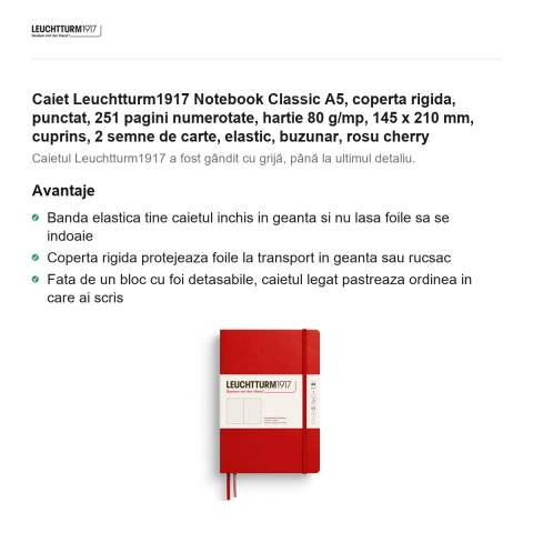 Caiet Leuchtturm1917 Notebook Classic A5, coperta rigida, punctat, 251 pagini numerotate, hartie 80 g/mp, 145 x 210 mm, cuprins, 2 semne de carte, elastic, buzunar, rosu cherry [1]