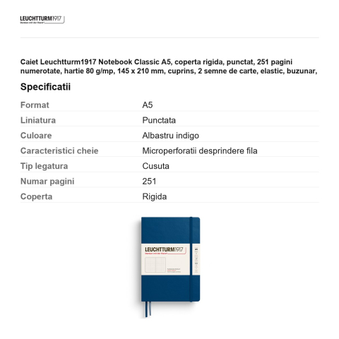 Caiet Leuchtturm1917 Notebook Classic A5, coperta rigida, punctat, 251 pagini numerotate, hartie 80 g/mp, 145 x 210 mm, cuprins, 2 semne de carte, elastic, buzunar, indigo [2]